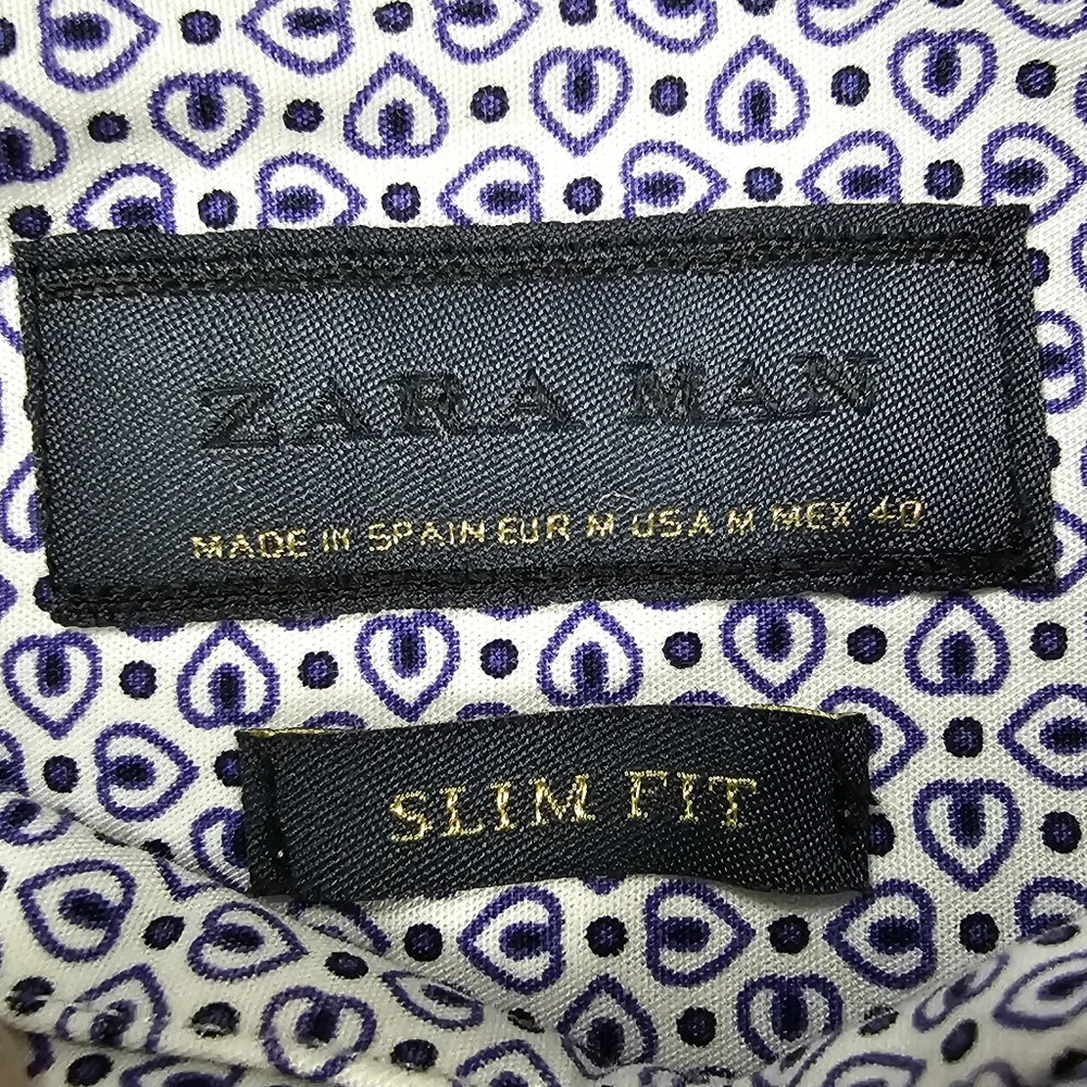 Zara Man Long Sleeve Slim Fit Button Down Shirt Blue White Men's Size Medium - Picture 7 of 15